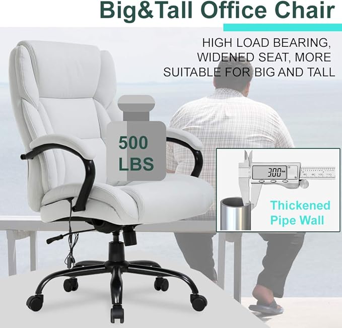 Office Chair Desk Chair Computer Chair with Lumbar Support Headrest Armrest Swivel Rolling PU Leather Task Big and Tall 500lb Wide Seat Massage Ergonomic Chair Adjustable for Adults Women(White)
