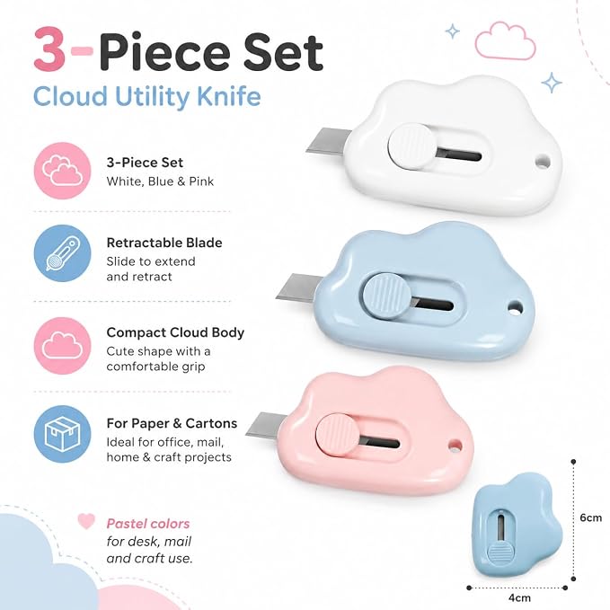 3Pcs Utility Knife Box Cutters Cute Cloud, Retractable Letter Opener, Sharp Cartons Cardboard Cutter Razor Knife for Christmas, Paper Cutter with Razor Blade, Portable Office Stationery