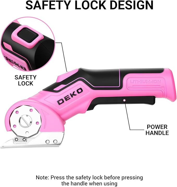 Cordless Electric Scissors Cardboard Cutter: DEKOPRO 4V 2000mAh Electric Box Cutter, Rechargeable Power Rotary Cutter with Safety Lock, 389g Carpet Cutter with 2 Blade, Type-C Charging(Pink)