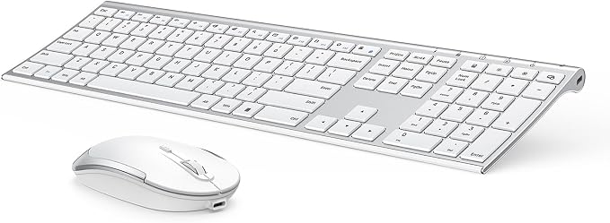 Vssoplor Wireless Keyboard and Mouse, Rechargeable Ultra Slim, White Silver | Quiet Full-Size Keyboard and Mouse Combo Set, for Laptop, PC, Notebook, Desktop, 2.4GHz Stable Connection, Ideal for Office