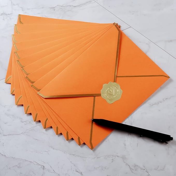 50 Pieces A7 Envelopes with Gold Border, 5.24 x 7.21 Inches Envelopes with Gold Stickers for Greeting Cards and Invitation (Dark Orange, A7-5x7)