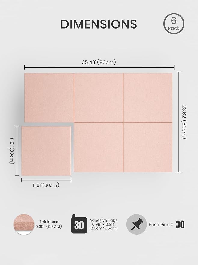 Bumusty 36"x 24" Large Felt Bulletin Board Tiles, Pink | 6-Pack Cork Board Alternative, Wall Decor, 30 Pushpins, 30 Adhesive Tabs, Vision Board, Office, Classroom, Home, Dorm