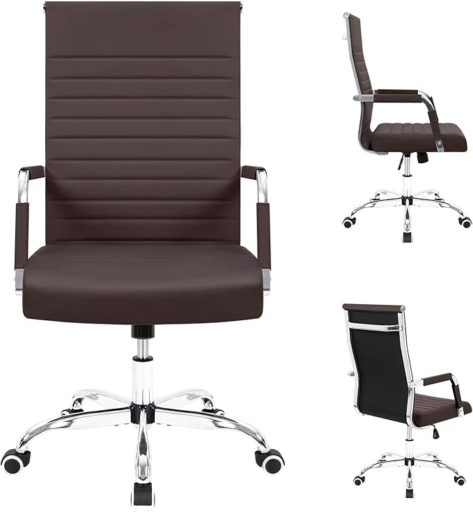 Furmax Ergonomic Office Desk Chair, Executive Ribbed Mid-Back PU Leather Conference Room Chair Adjustable Swivel Chair with Arms (1, Brown)