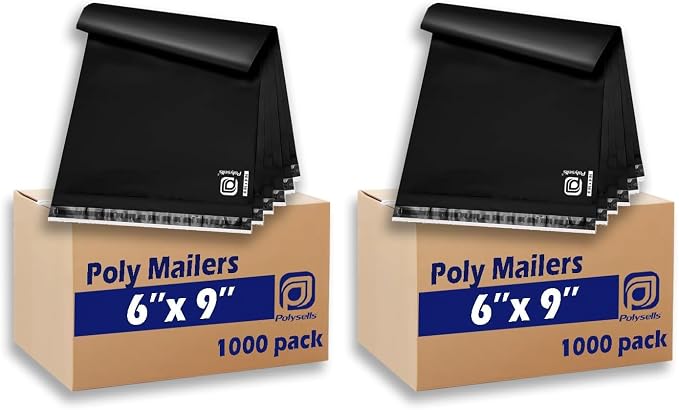POLYSELLS 1000 pcs 6x9 Inches Black Poly Mailers Shipping Envelopes, Strong Adhesive Sealing, Waterproof, and Tear-resistant Postal Mailing Bags for Clothing, Books, and Accessories (Pack of 2)
