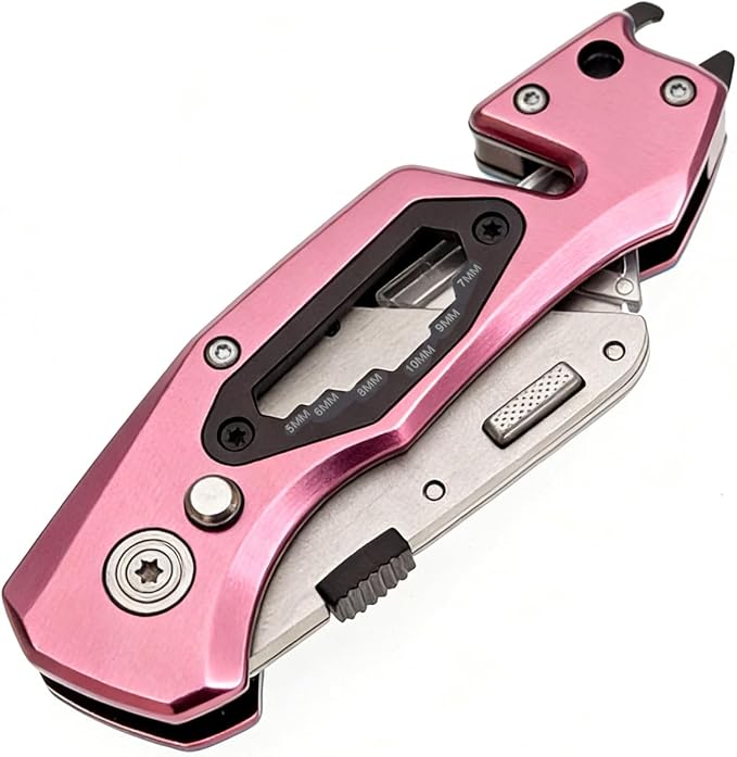 Utility Knife Folding Safety Lock Quick Change with 10 Extra SK5 Replacement Blade Lightweight Aluminum Handle & Pocket Clip Multi-Use Box Cutter Office Home Art Diy Great Gift Choice (UPG.V.Pink)