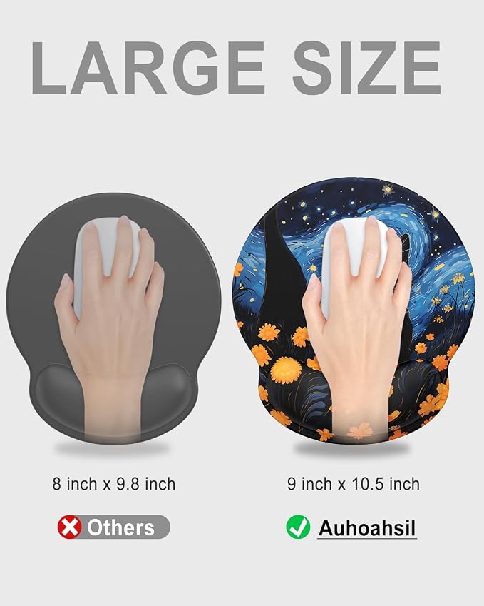 Auhoahsil Ergonomic Mouse Pad with Wrist Rest, Comfortable Silicone Non-Slip Computer Pain Relief Gel Mouse Mat with Wrist Support for Gaming, Work, Office, Women & Men, Cute Pattern, Star Cat