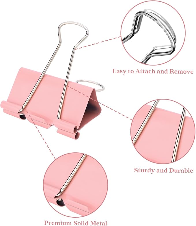 Temiary Binder Clips, Large Metal Binder Paper Clip Pink 1.6 Inch, 24 Pcs | Colored Binding Paperwork Clamp Bulk for Office, Home, School
