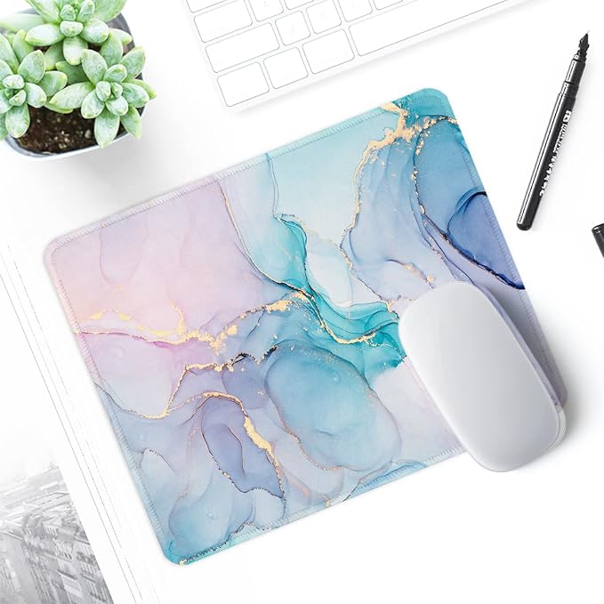 ITNRSIIET Mouse Pad with Stitched Edge Premium Textured Smooth Precise Operation Waterproof Washable Non-Slip Rubber Base Desktop Protection Mat, 10.2×8.3×0.12 inches, Color Textured Marble