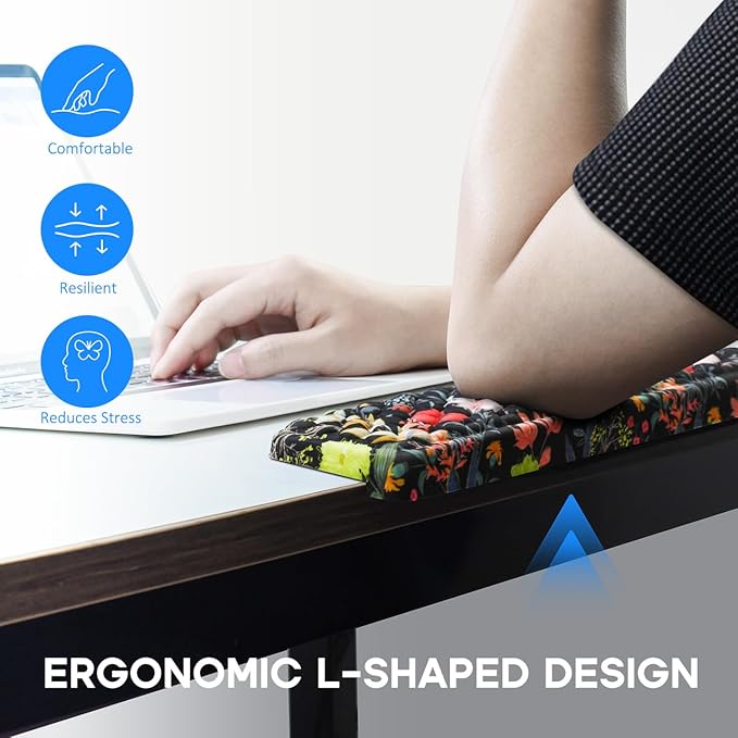 JIKIOU L-Shaped Desk Elbow Pad for Desk 2 Pack, Soft Memory Foam Elbow Support Padding with Non-Slip Base, Easy Typing Pain Relief Comfort for Office Work Gaming Black Flowers