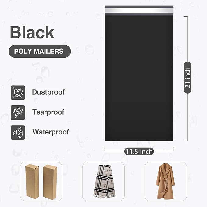 UCGOU 11.5x21 Long Poly Mailers Black Shipping Bags Self-Sealing Waterproof and Tear-Proof Shipping Envelope for Small Business Envelopes Bag for Unique Items Long Mailers Poly Bags 50 Pack