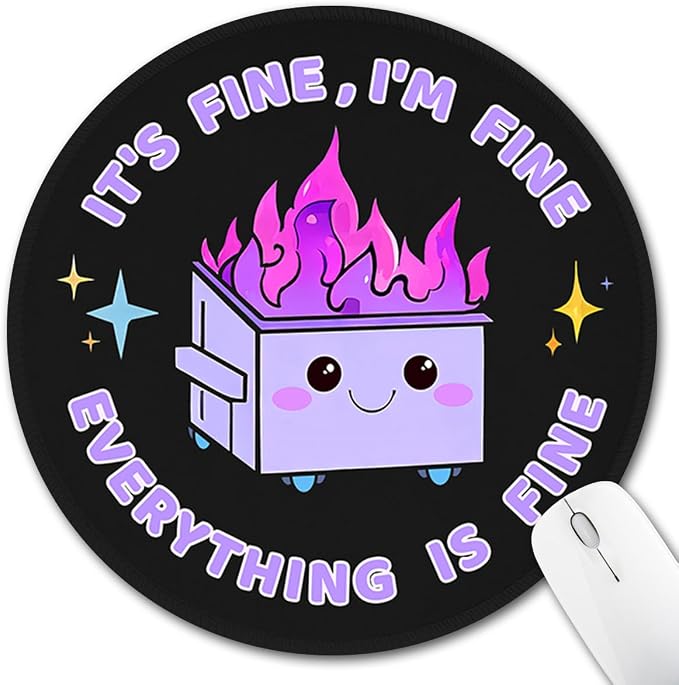 Hancynir Funny Mouse Pad for Desk, Cute Dumpster on Fire Round Mousepad | Mouse Mat for Computer, Non-Slip Rubber Base, Office Desk Decor, Gifts for Work Coworker Teacher, 8.6 Inch, Stitched Edges