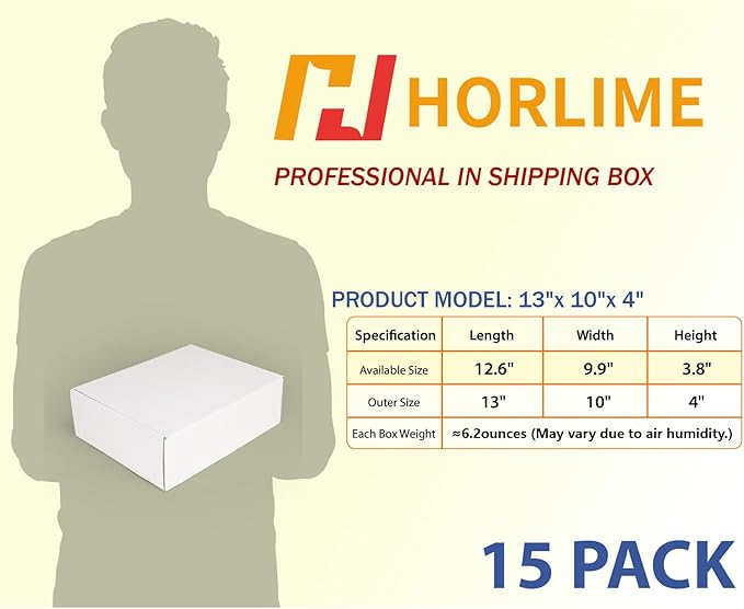 HORLIMER 13x10x4 inches Shipping Boxes Set of 15, White Corrugated Cardboard Box Literature Mailer, 15 Stickers Included