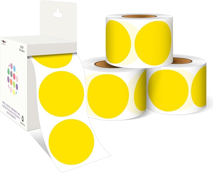 PARLAIM 2 Inch Round Adhesive Color-Code Dot Stickers,4Rolls/2000 per Rolls dots Label Dispenser Box, Circle Stickers Label Inch Coding Labels (Yellow)