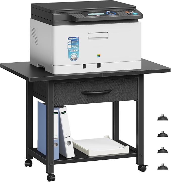 YAOHUOO 22"x15" Large Printer Stand with Drawer, 2-Tier Rolling Table Cart | Under Desk Printer Table,Storage Fabric Drawer,Fit printer/fax/3d/scanner,4 Lock Wheels or Feet,For Home Office Dorms,Black
