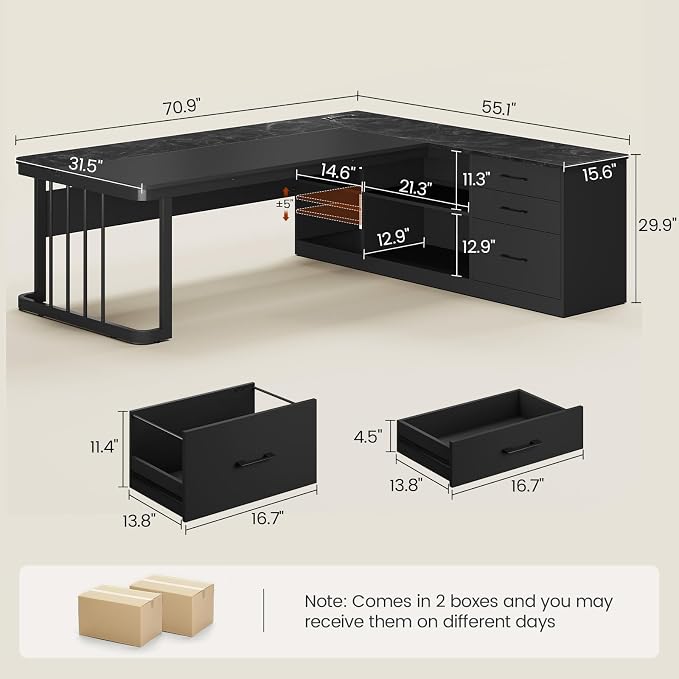 71" Executive Desk, Large Office Desk with Drawers & Storage Shelves, Modern L Shaped Computer Desk Corner Desk with Power Outlets, File Cabinet, Business Furniture Desk Workstation (Black)