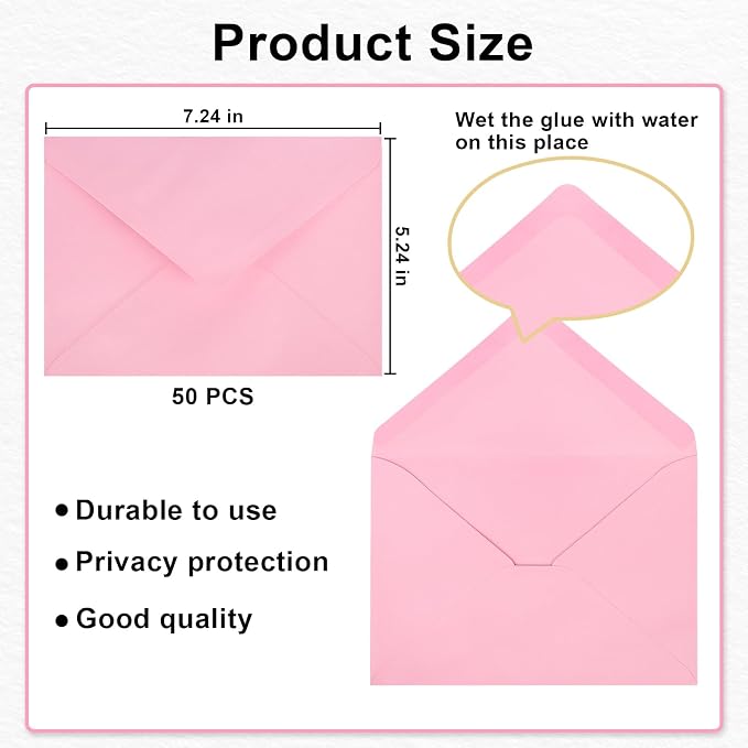 50 Pack A7 Envelopes, Pink Greeting Card Envelopes Self Seal, 5.24 x 7.24 in Envelopes for Birthday Graduation Baby Shower Wedding Invitation Cards