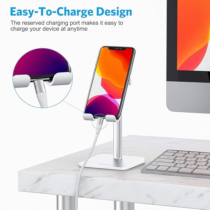 OMOTON Cell Phone Stand, Adjustable Angle Height Desk Phone Dock Holder for iPhone Air 17 Pro Max/Plus/XS/XR, Samsung Galaxy S20 / S10 / S9 / S8 and Other Phones (3.5-7.0-Inch),Silver