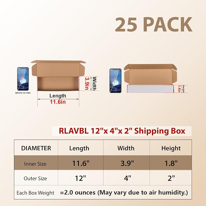 RLAVBL 12x4x2 Small Shipping Boxes Set of 25, White Corrugated Cardboard Box for Packing, Mailing, Business