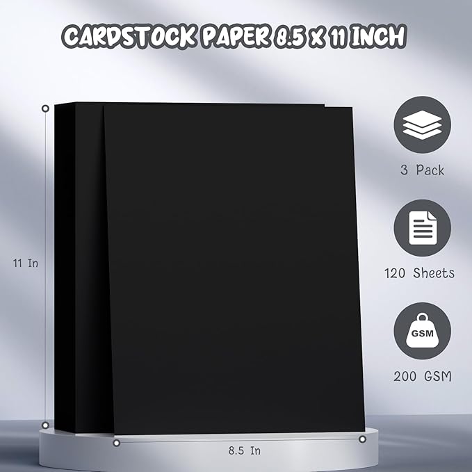 Black Cardstock 8.5 x 11, 120 Sheets Heavy Cardstock Paper, Construction Paper 8.5 x 11, 200 GSM Cardstock Printer Paper, Black Card Stock for DIY Cards, Invitations, Business Cards