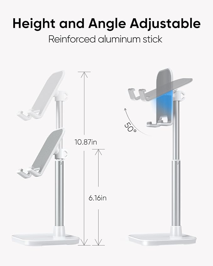 Cell Phone Stand, Phone Holder for Desk, Office Desktop iPhone Stand | Eye Level View, Reduce Neck & Back Strain, Height & Angle Adjustable, Hands-Free Video Chat, Accessories for 4-10" Smartphone