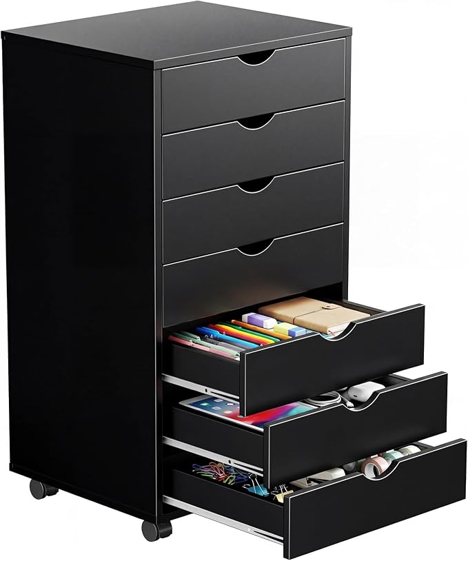 5 Drawers Mobile File Cabinet, Printer Stand Storage Cabinet | Under Desk Storage with Wheels, Vertical Filing Chest Rolling Wood Small Organizer for Home Office, Living Room, Black
