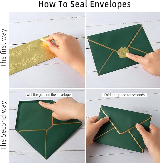 50 Pieces Dark Green A4 Envelopes with Gold Border, 4.25x6.25 Inches Envelopes with Gold Stickers for Greeting Cards and Invitation (A4-4x6)