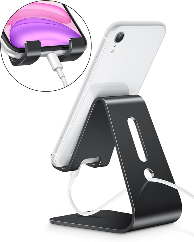OMOTON C1 Upgraded Aluminum Cell Phone Stand for Desk, Durable Phone Dock | Protective Pads Cellphone Dock for iPhone 17/16/15/14/13 Pro Max Air, iPad mini, Android Smartphones - Black