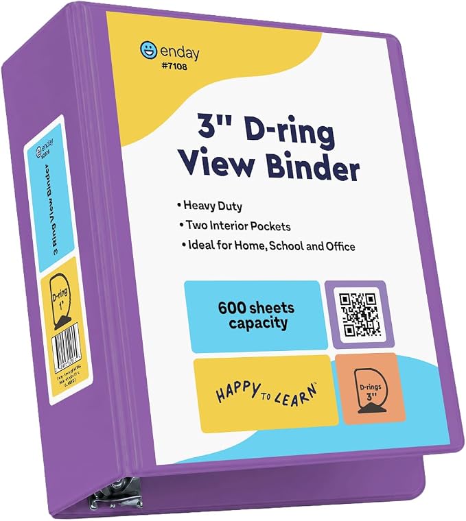 Enday 3 Inch Binder Purple 3 Ring Binder 3 Inch, Heavy Duty Three Ring Binder, 600 Sheets Capacity - 3 Inch Binder for Home School and Office