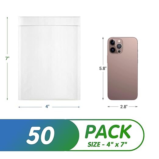 Kraft Bubble Mailers 4 x 7 Inch White, Padded Envelopes Self Seal, Pack of 50, Bubble Lined Kraft Paper Mailing Envelopes for Shipping