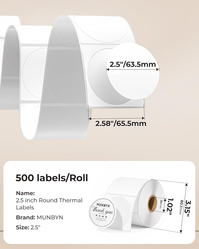 MUNBYN 2.5 Inch White Circle Thermal Labels for Baking, 500 Sheets/1 Roll | Round Thermal Labels, No BPA and BPS, Durable Adhesive, Print Clear and Sharp