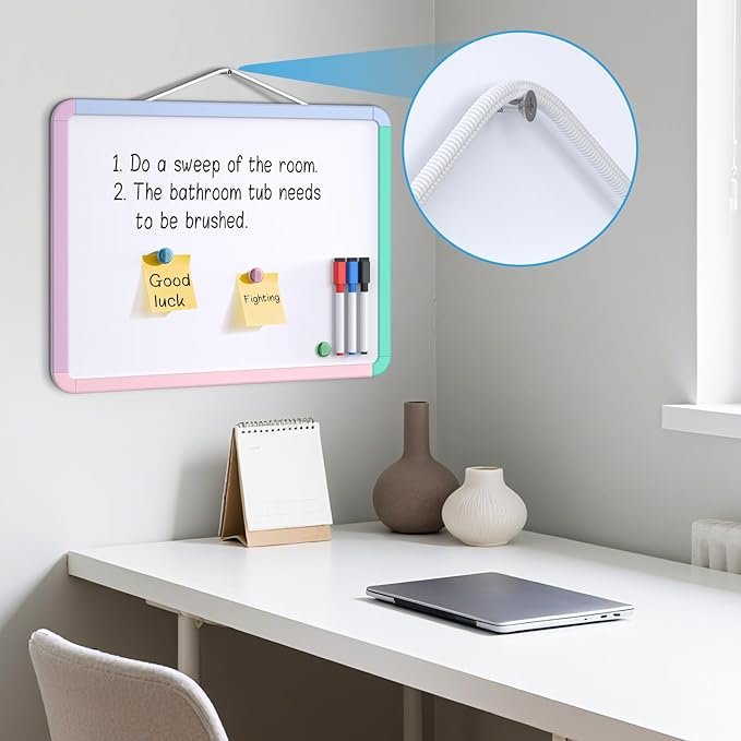 MaxGear Small White Board for Wall, 14"x 11" Mini Double-Sided Magnetic Hanging Dry Erase Board with Markers, Portable Whiteboard for Planning, Drawing, Memo, to Do List, Macaron Multicolor Frame