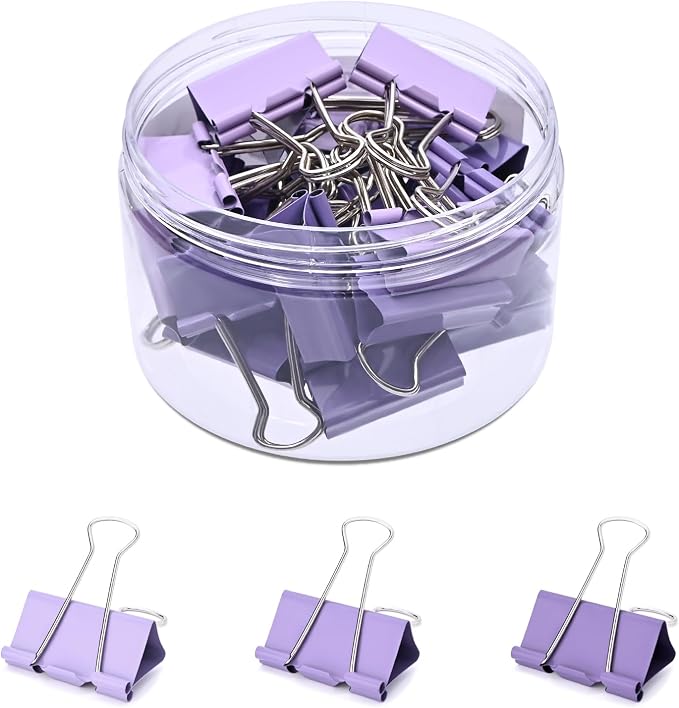 Temiary Binder Clips, Medium Metal Binder Paper Clip Purple 1.26Inch, 24 P | Colored Binding Paperwork Clamp Bulk for Office, Home, School