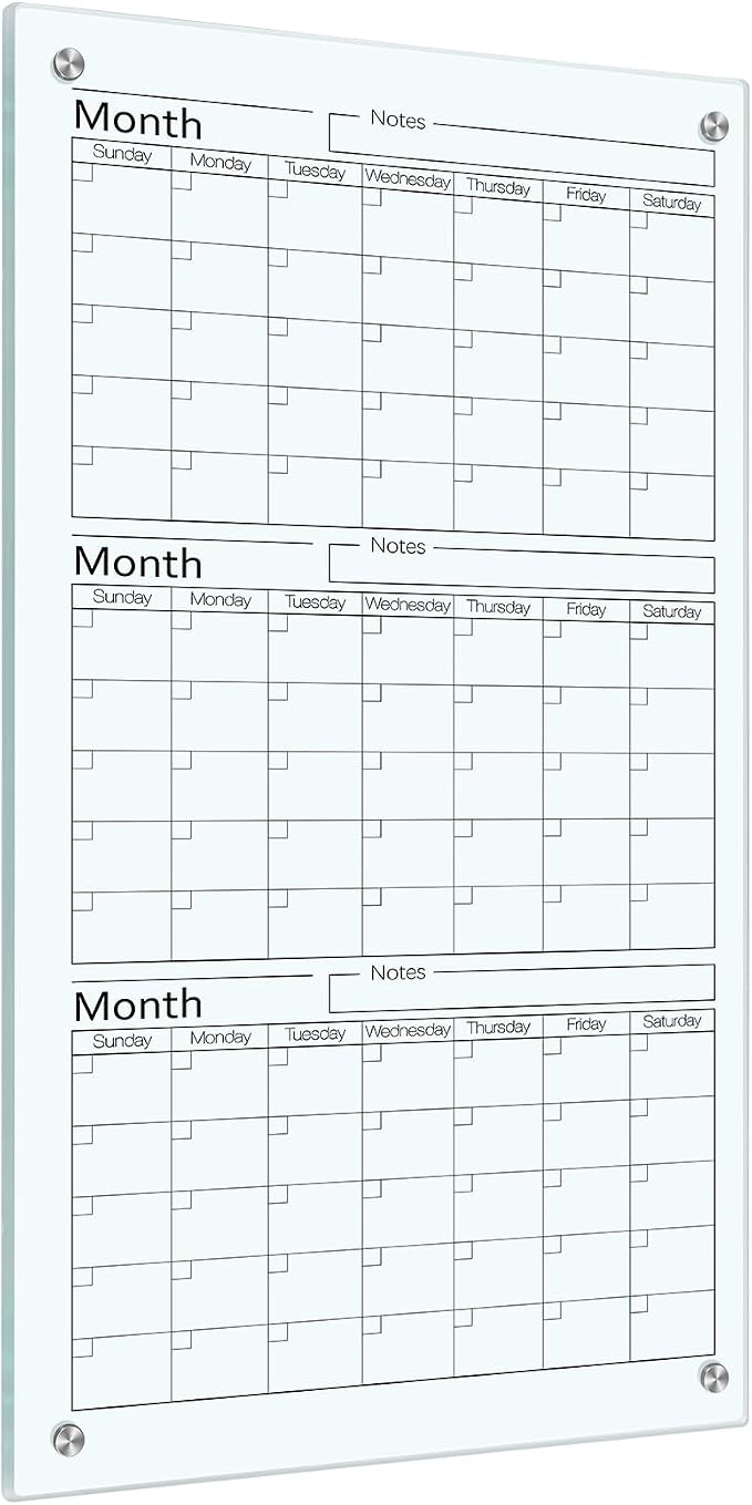 Glass Whiteboard Calendar 36 x 18 3 Month Dry Erase Calendar White Board Planner Glass Large Wall Mounted with Marker Tray for Wall Home Office