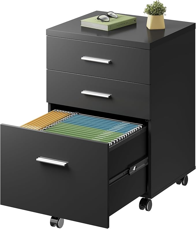 DEVAISE 3 Drawer File Cabinet, Wood Under Desk Filing Cabinet, Black | Rolling Printer Stand, Small Storage Cabinet with Wheels, Fits Legal/Letter/A4 Size, Home Office