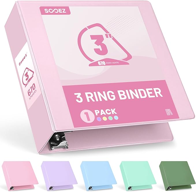 Sooez 3 Ring Binder 3 Inch, Large Binder with Pockets, Pink, Letter Size | Holds 670-Sheet of 8.5x11 Paper, Extra Durable, PVC-Free, Clear View Cover, Interior Pockets, Eco-Friendly, School, Office