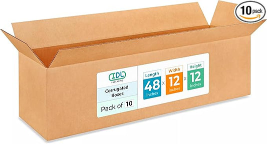 Extra Large Shipping & Moving Boxes 48x12x12 inches (10-Pack) - Extra Strength 200 lb vs Regular - USA-Made Corrugated Cardboard Boxes for UPS Shipping - Strong Shipping Box for Move by IDL Packaging