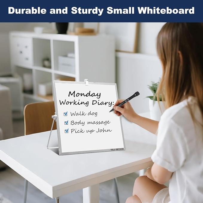 Small White Board - 10 X 10 Inches Silver Framed Dry Erase Board | Magnetic Desktop Whiteboard Stand 360 Degrees Revolving Double Sided for Office, Home, School, with Hooks for Wall