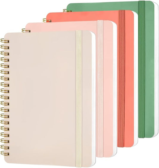 4 Pack A5 Spiral Journal Notebook, Lined Notebooks for Work, Note Taking, School, Writing, Spiral Bound Journaling Notebooks 8.3x5.8 Inch with Strap, Cute Notebooks for Women 57 Sheets