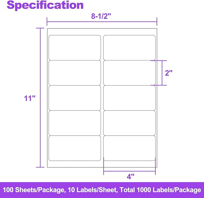 1000 Labels (100 Sheets) - 2" x 4" Shipping Address Labels - 10-Up Mailing Stickers for Laser/Inkjet Printers - 8.5" x 11" White Printer Labels - Multipurpose Address Papers