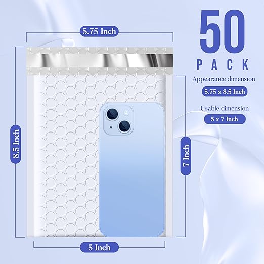 Fuxury Bubble Mailers 5x8.6" 50 Pack White Waterproof Padded Envelopes Usable Size 5x7" Self Seal Bubble Envelopes Padded Mailers Shipping Bags for Mailing Jewelry Makeup Small Business