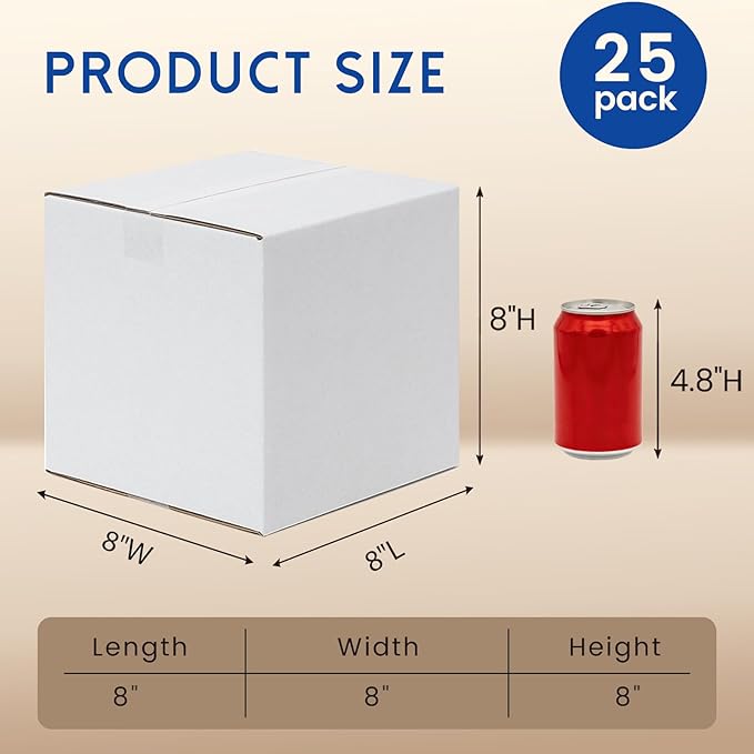 8x8x8" Shipping Boxes 25 Pack - Corrugated Cardboard Square Mailing Box Packaging for Small Business - White Mailer Packing Supplies