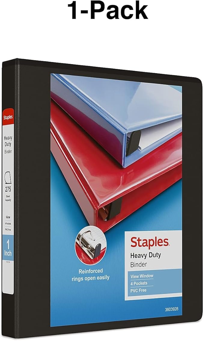 Staples Heavy-Duty 1-Inch D-Ring View Binder, Reinforced Spine, Holds Up to 275 Sheets, Black, for Office & School