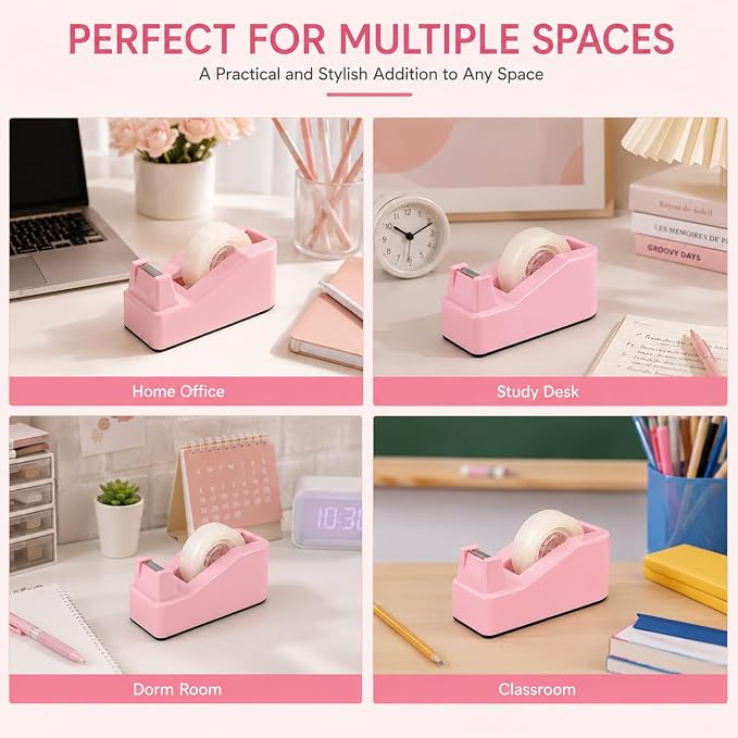 SHOIKOM Cute Tape Dispenser for Desk, Weighted Non-Slip Base, One-Hand Tape Cutter, Pink Desk Accessories, Aesthetic Office Decor for Women, Students & Teachers(Tape not Included)