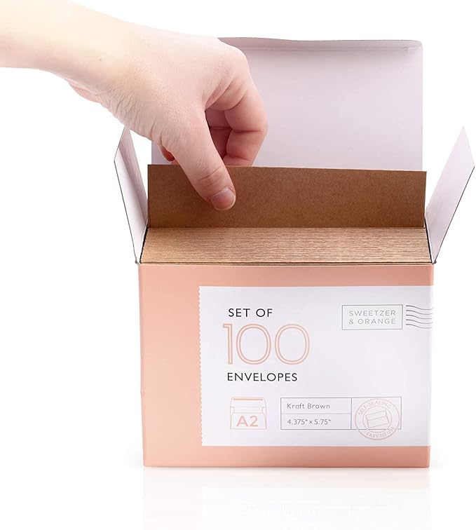 Sweetzer & Orange A2 Envelopes Brown Self Seal Paper Mailers (100 with Box). Luxury 150gsm For Greeting Card and Invitation Holders 4-3/8 x 5-3/4, Photos, Wedding, RSVP Cards Plain Mailing Inserts