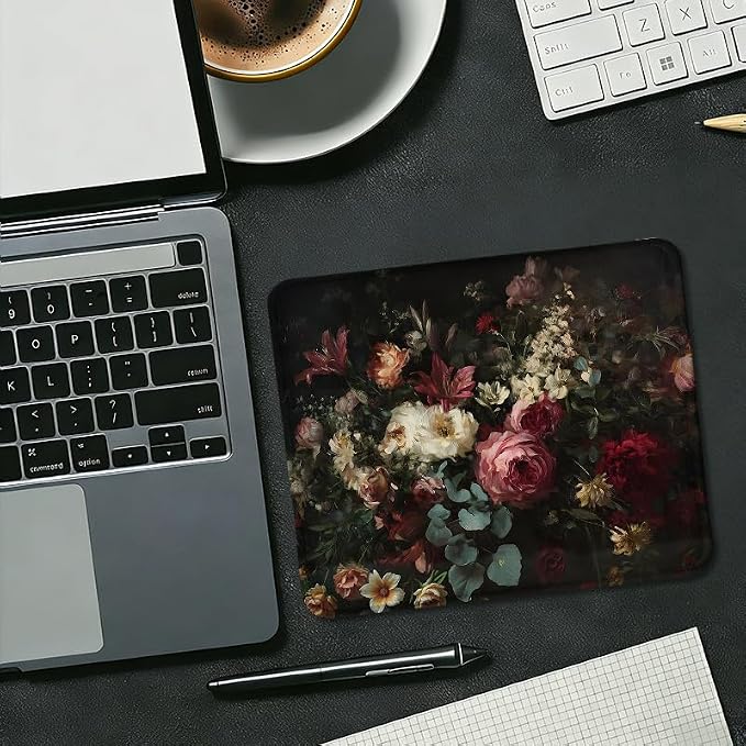 Vintage Gothic Floral Square Mouse Pad, Dark Academia Romantic Pink Rose Flower Mousepad Mat for Home Office Computer Gaming Desk Accessories 9.5x7.9 in