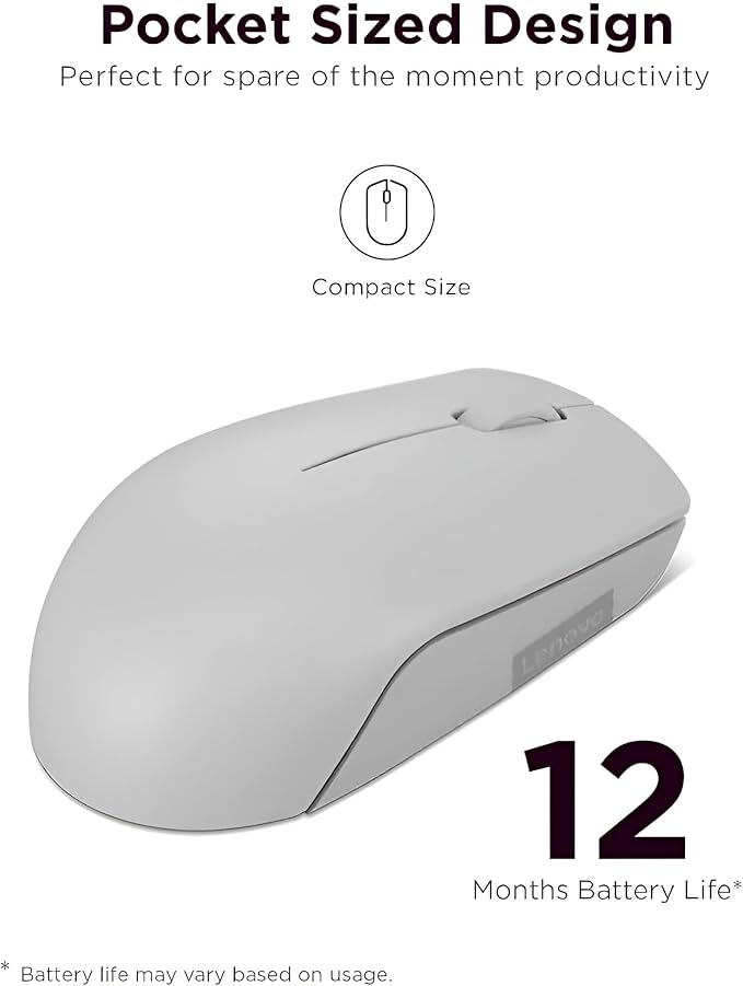 Lenovo 300 Wireless Mouse – Computer Mouse for PC, Laptop with Windows – Ambidextrous Design – 2.4 GHz Nano USB Receiver – 12 Month Battery Life