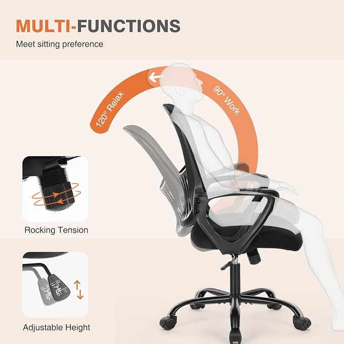 Sweetcrispy Home Office Chair, Mesh Office Chair, Lumbar Support, Black | Adjustable Height, 360° Swivel Wheels, Mid-Back, Comfy Arms for Small Space, Bedroom, Study, Managerial Executive