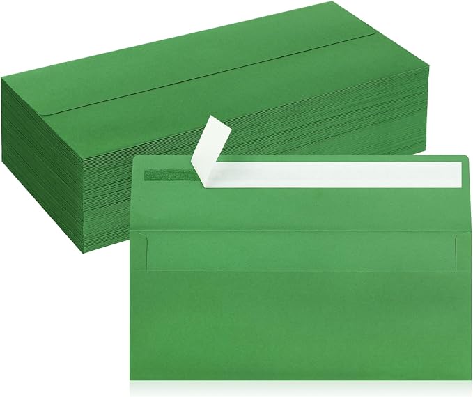 100 Pack #10 Business Envelopes, Green Standard Envelopes Self Seal, Letter Size Mailing Envelopes for Checks Letters Invoices Statements Christmas Birthday Graduation Wedding, 4 1/8 x 9 1/2 Inch