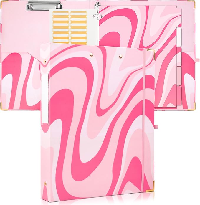 3 Ring Binder 1 Inch Three Ring Binder Cute Binder Fits A4 Paper Decorative Clipboard Binder with 5 Tab Dividers for School Office Supplies (Pink Ripple)