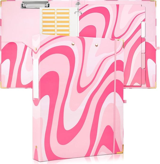 3 Ring Binder 1 Inch Three Ring Binder Cute Binder Fits A4 Paper Decorative Clipboard Binder with 5 Tab Dividers for School Office Supplies (Pink Ripple)